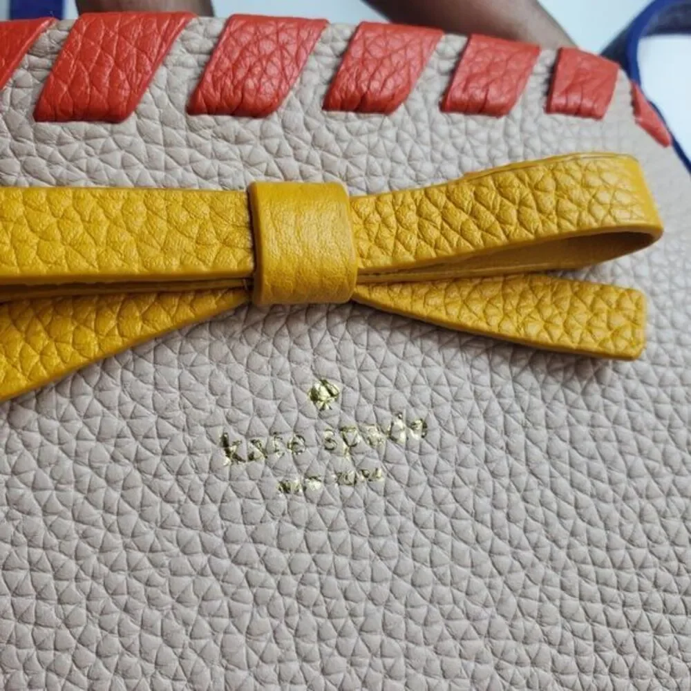 Kate Spade New York‎ Beige Pebbled Leather Tote Bag Multi Color Tassel Bow Trim